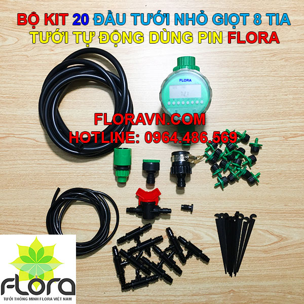 Bộ KIT tưới dùng PIN tự động FLORA 20 đầu phun nước 8 tia nhỏ giọt